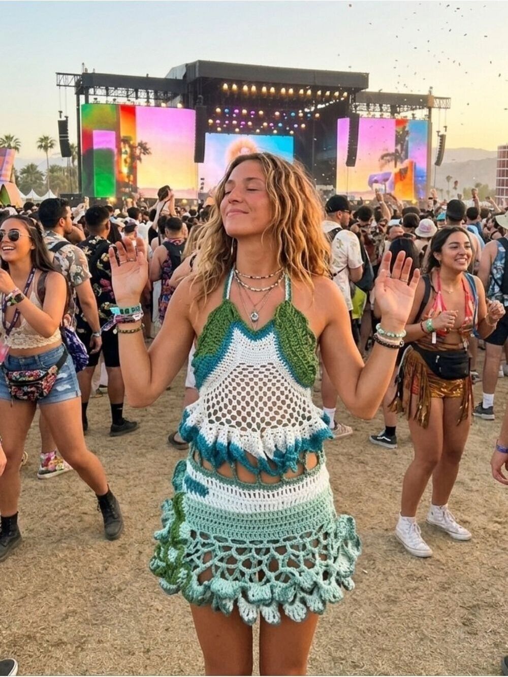 Hand Crafted Crochet Festival Mini Dress Coachella Boho Sheer Outfit OOAK Green